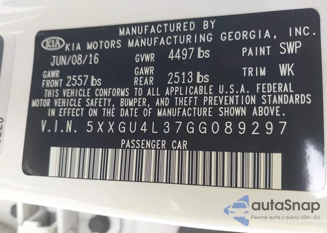 2016 Kia Optima Ex из США, поврежденный, VIN 5XXGU4L37GG089297